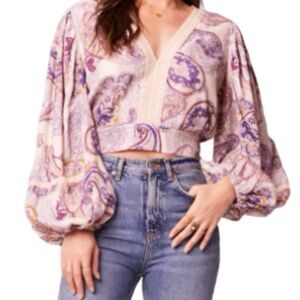 Free People Paisley Boho Crop Top NWT XS Balloon Sleeve Lace